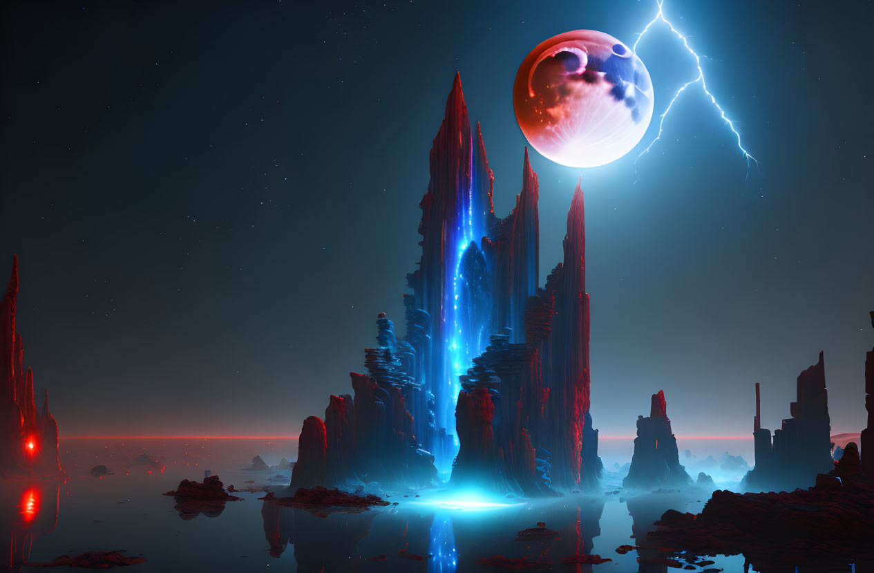 Surreal sci-fi landscape with towering rock formations and lightning striking from a large planet