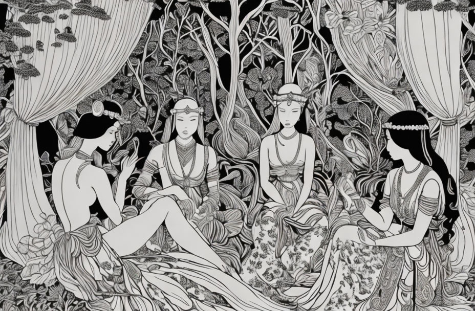 Detailed Black and White Illustration of Three Women in Forest Setting