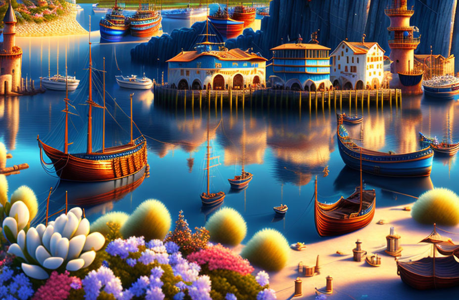 Fantasy harbor with floating islands and illuminated buildings at twilight