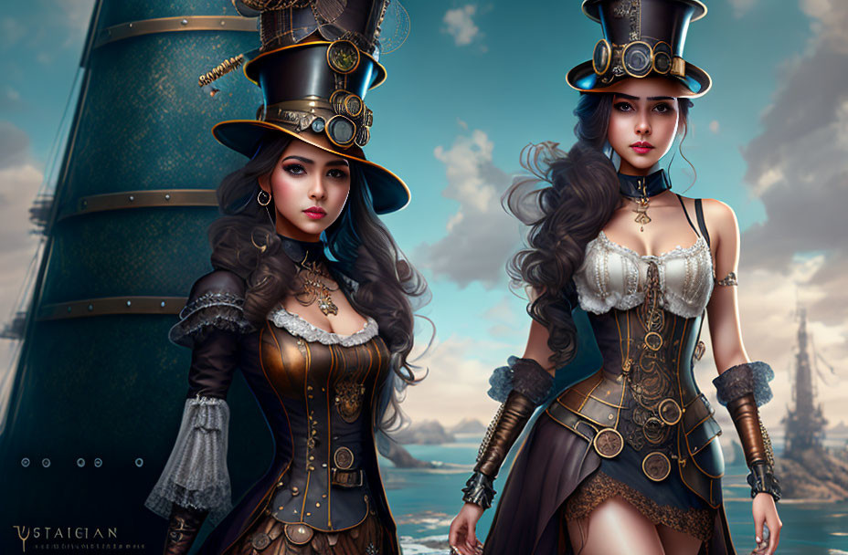 Two Women in Steampunk Attire with Top Hats and Corsets