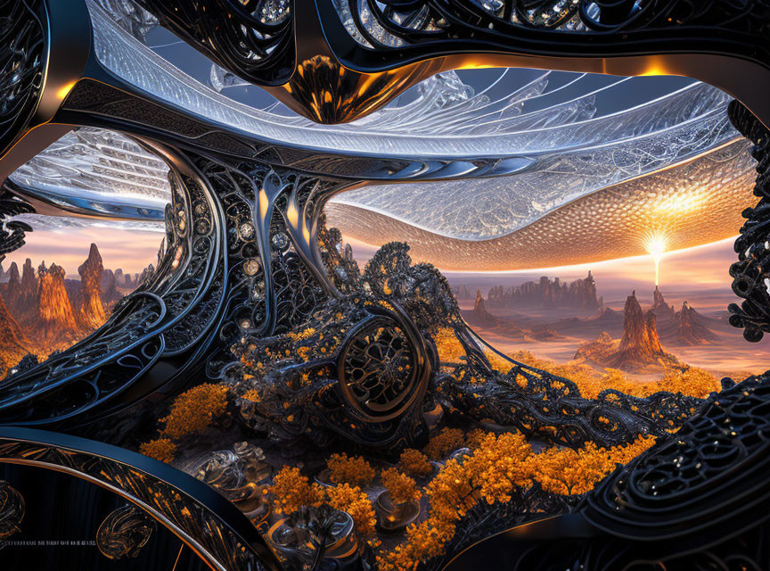 Intricate fractal illustration: organic and metallic textures in surreal sunlit landscape