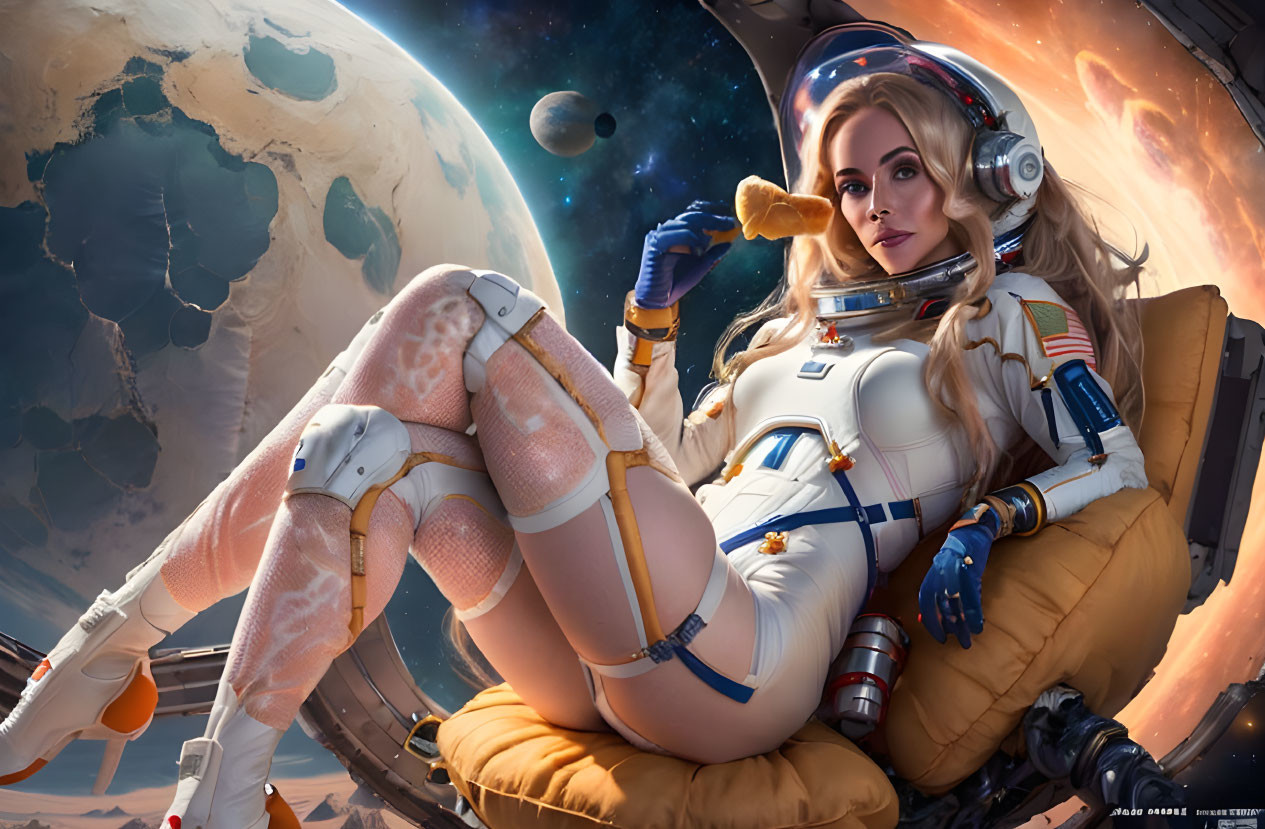 Female astronaut digital artwork in stylized spacesuit against planetary backdrop