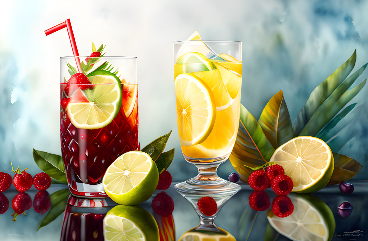 Refreshing Lemon and Strawberry Beverages with Citrus Fruits and Berries