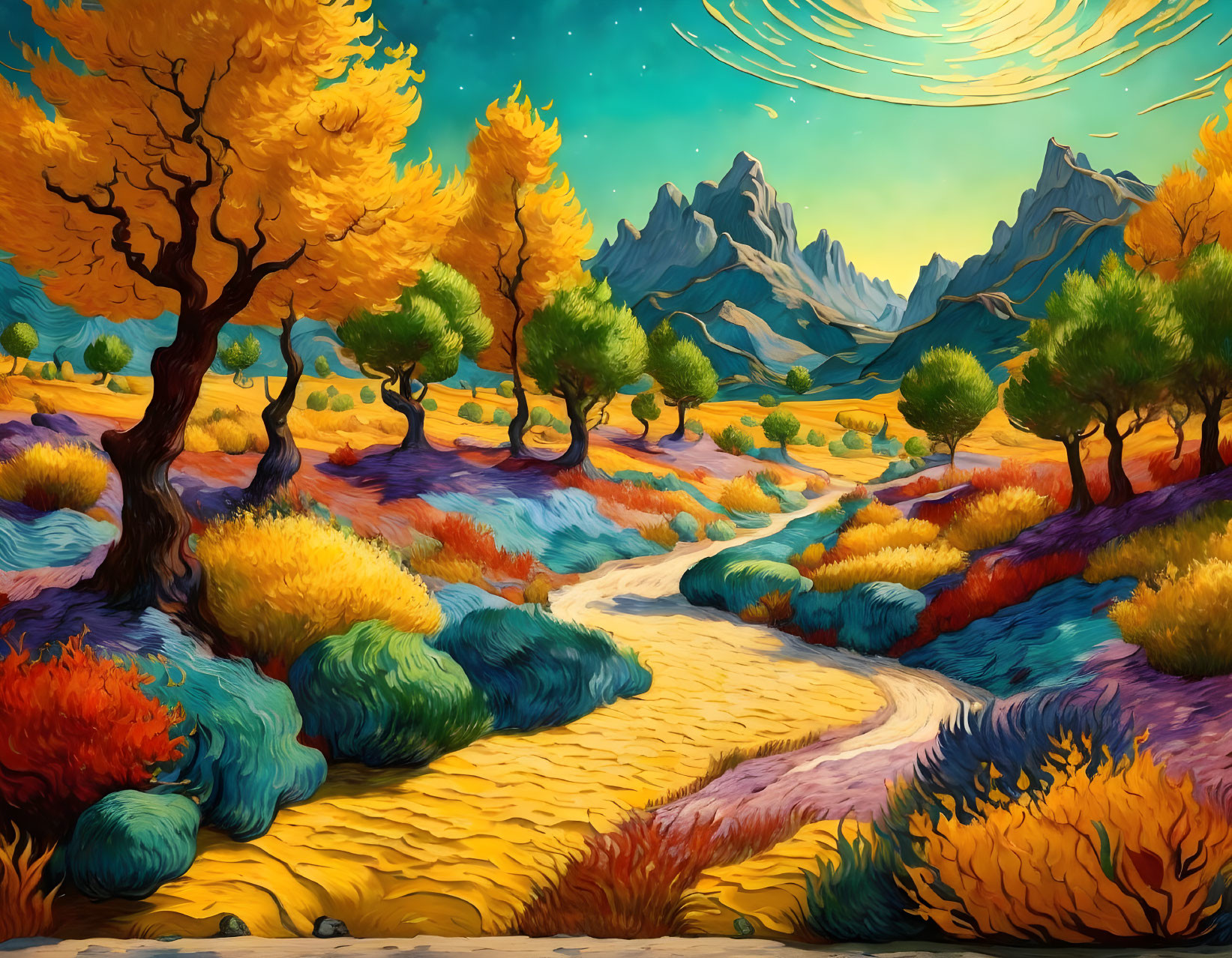 Colorful Autumn Landscape Painting with Winding Path & Dramatic Mountains