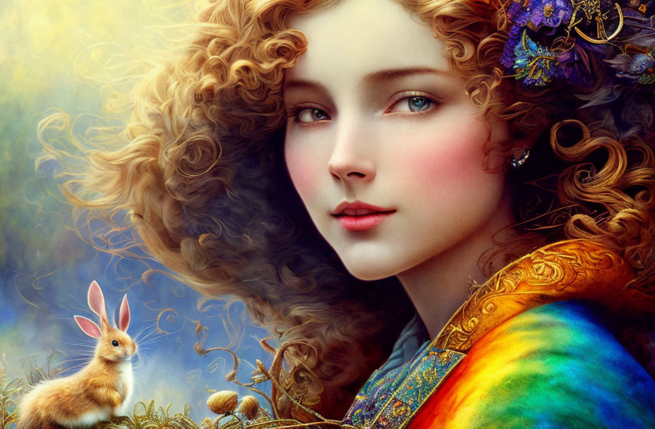 Digital painting of woman with auburn hair and green eyes with brown rabbit in colorful setting