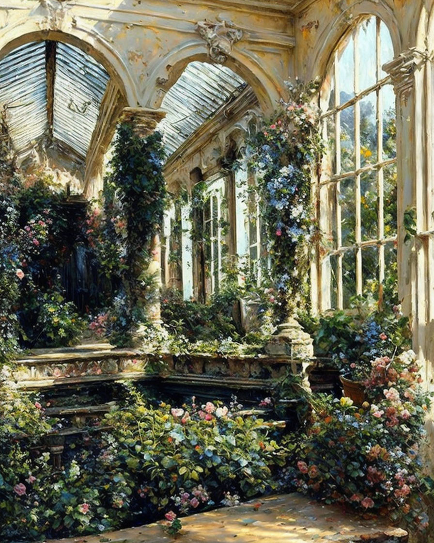 Sunlit overgrown conservatory with lush flowers and climbing foliage