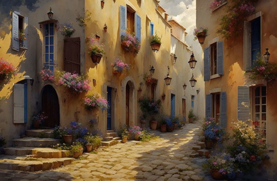 Charming cobblestone street with colorful flower-adorned houses