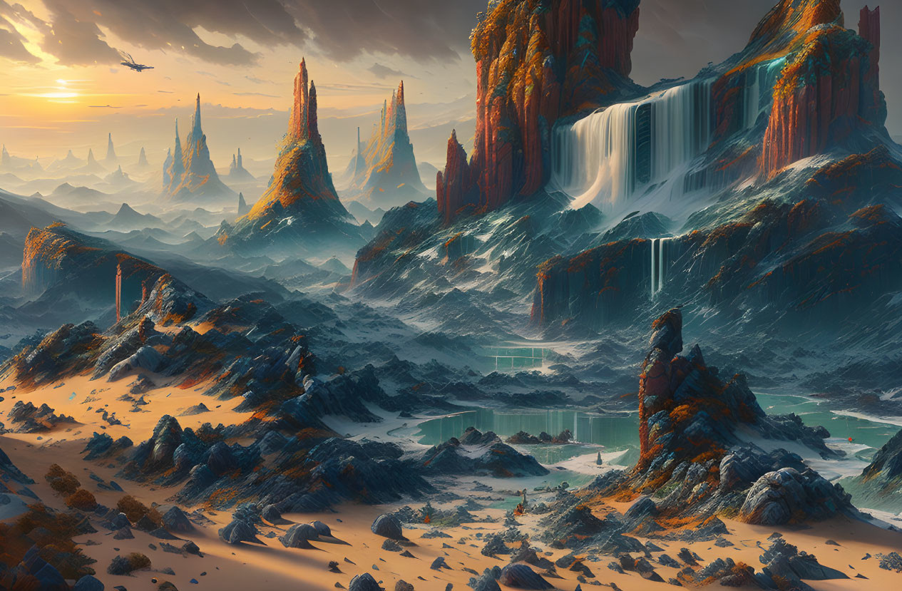 Alien landscape with towering rock formations and cascading waterfalls