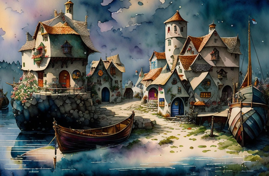 Whimsical village scene by water with boats and cobblestone paths