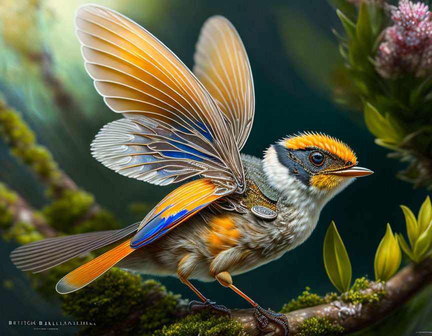 Colorful Bird-Like Creature with Butterfly Wings on Twig