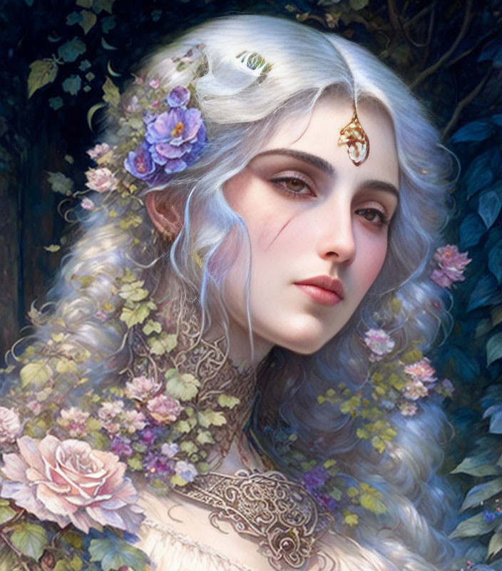 Fantasy woman portrait with silver hair and floral headpiece against backdrop