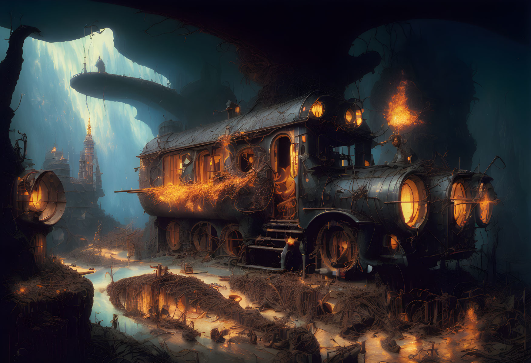 Fantastical steam locomotive wreathed in flames in dark, swampy terrain