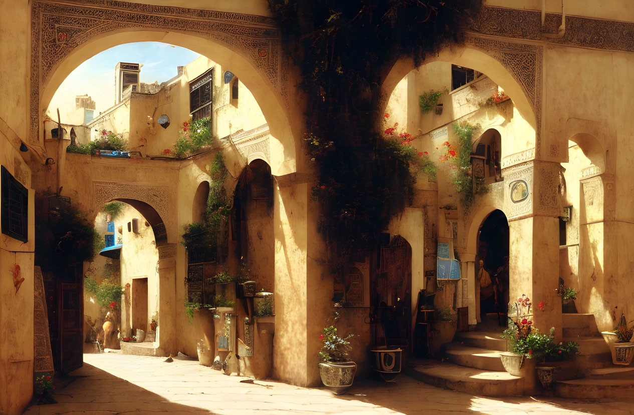 Sunlit Alley with Arches and Stone Buildings in Historic Mediterranean Town