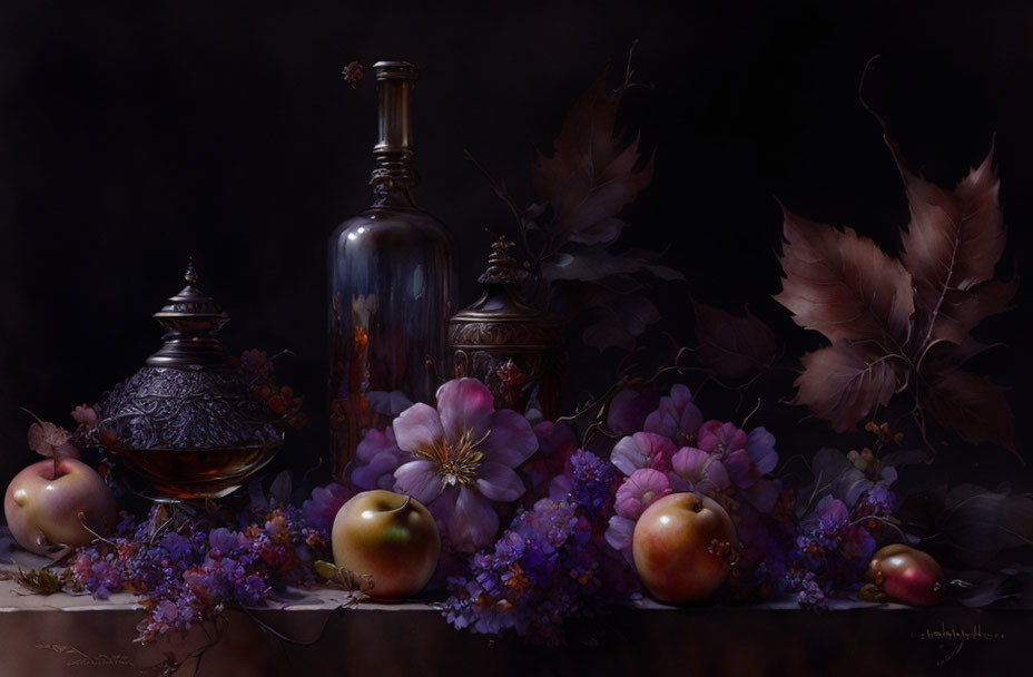 Antique bottle, metal container, flowers, and apples on dark background