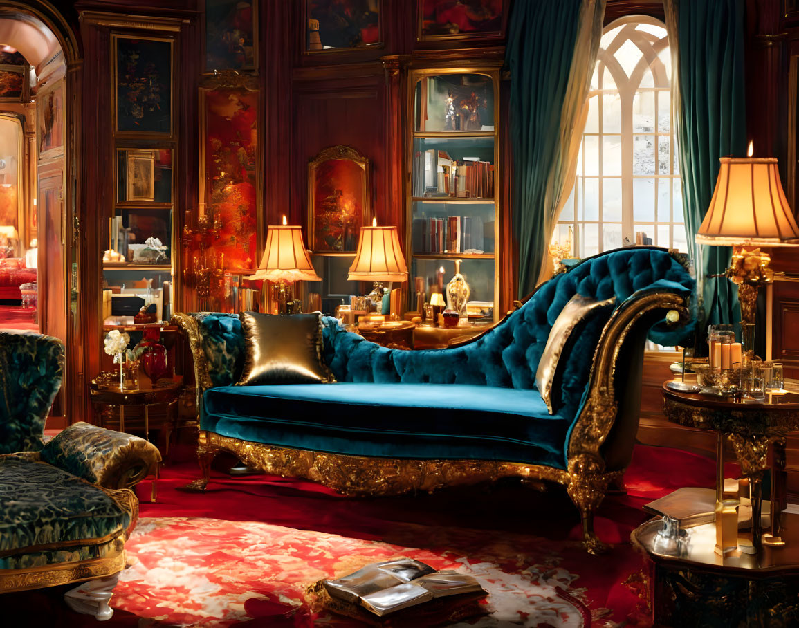 Luxurious Room with Wooden Paneling, Blue Sofa, Gold Accents, Lamps, and Dr