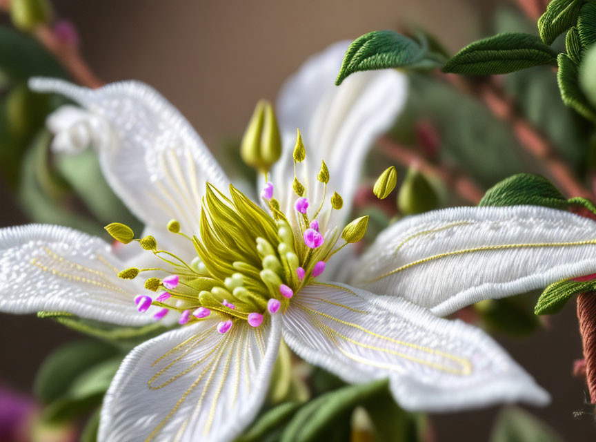 Close-up of White Flower with Green Center and Pink Details surrounded by Green Leaves