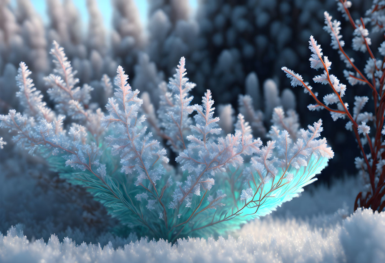 Wintry forest scene with frost-covered ferns in soft blue and white hues