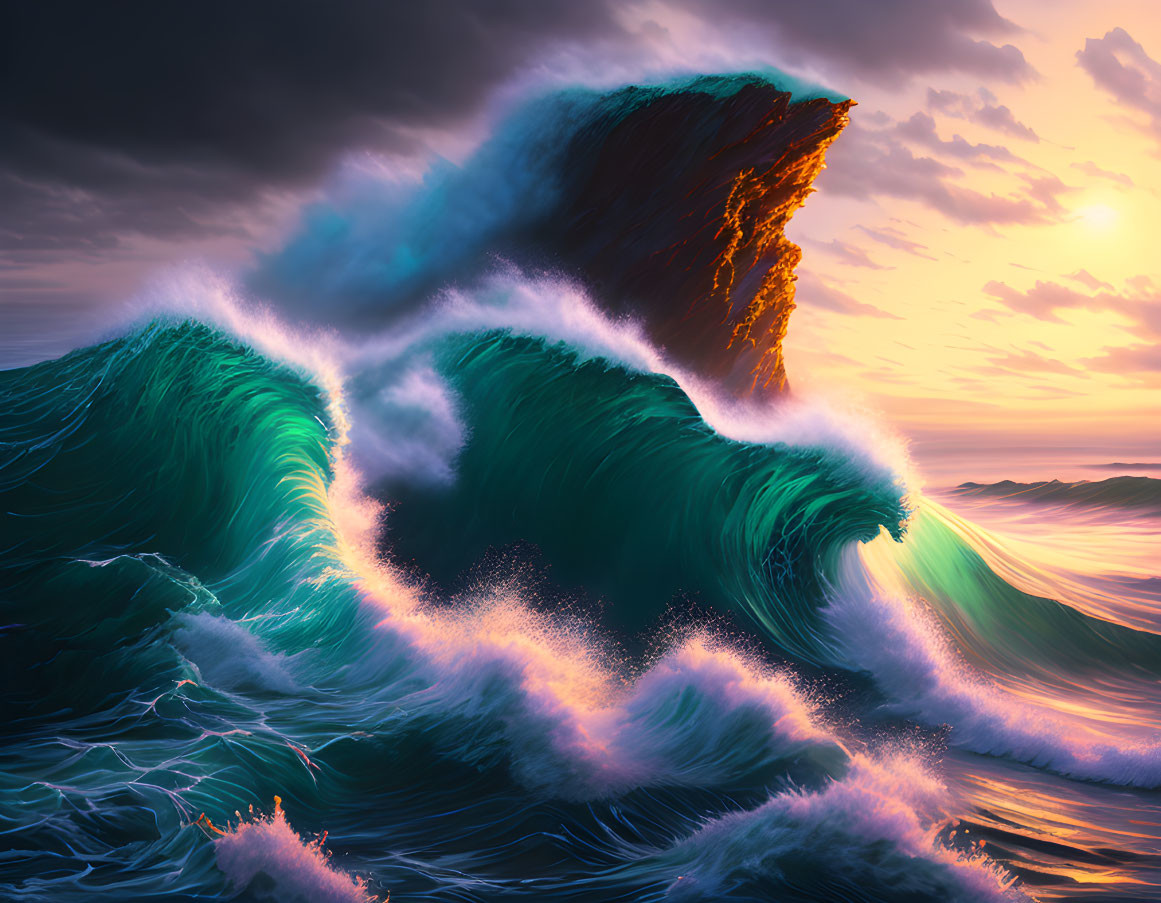 Sunset wave crest with dynamic lighting and fluid motion