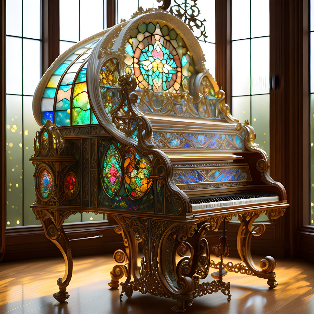 Grand Piano with Stained Glass Detailing in Sunlit Room