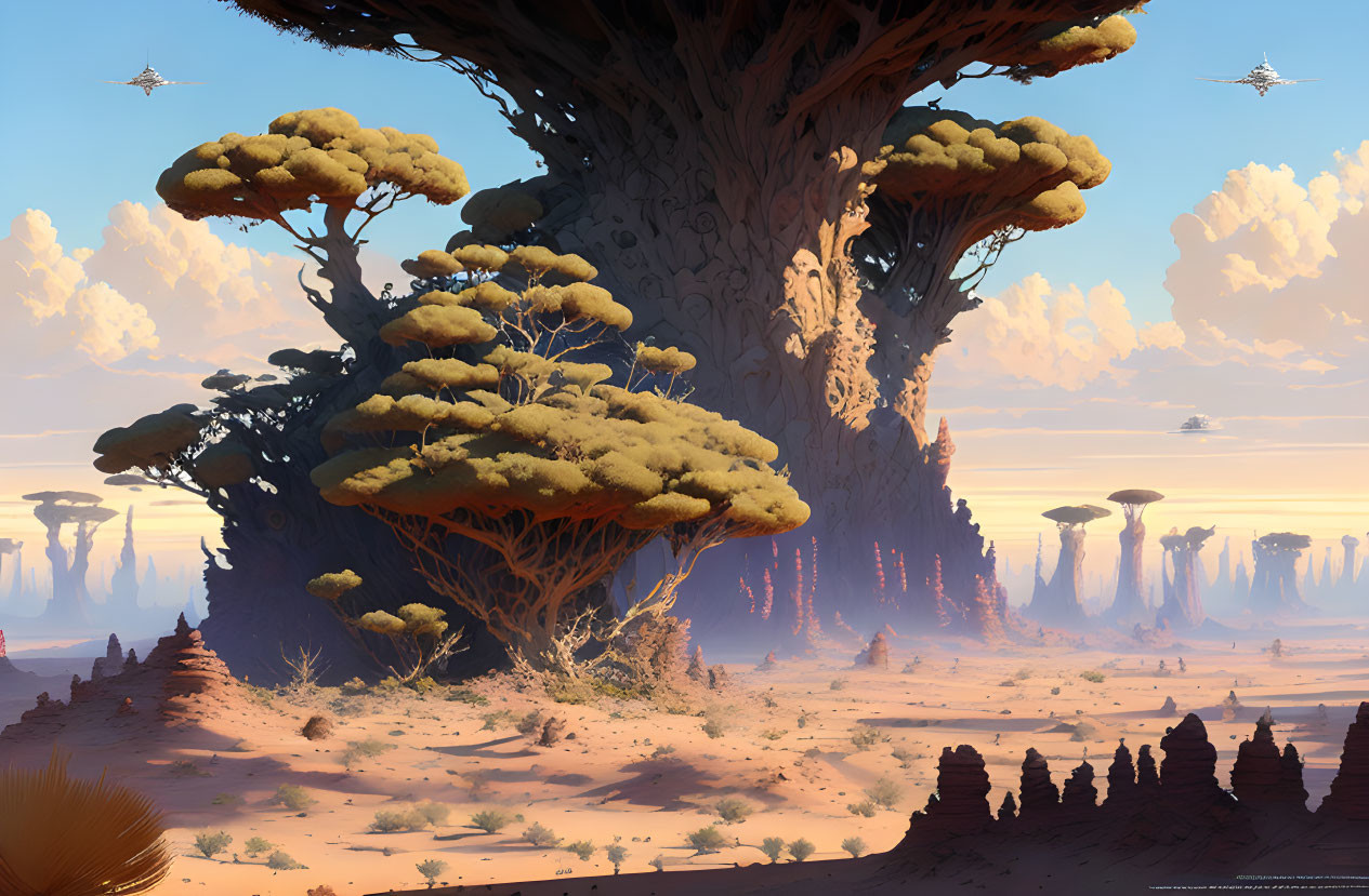 Fantastical landscape with towering mushroom-like trees and flying structures in a desert terrain