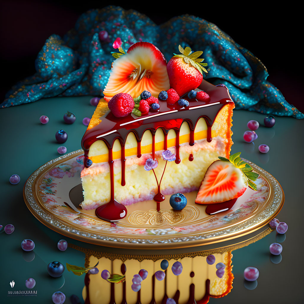 Cheesecake slice with strawberries, blueberries, pansy, and red syrup on ornate plate