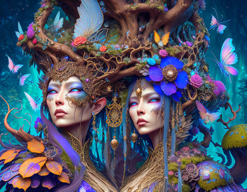 Vivid fantasy artwork: two women with tree and butterfly motifs in magical forest.