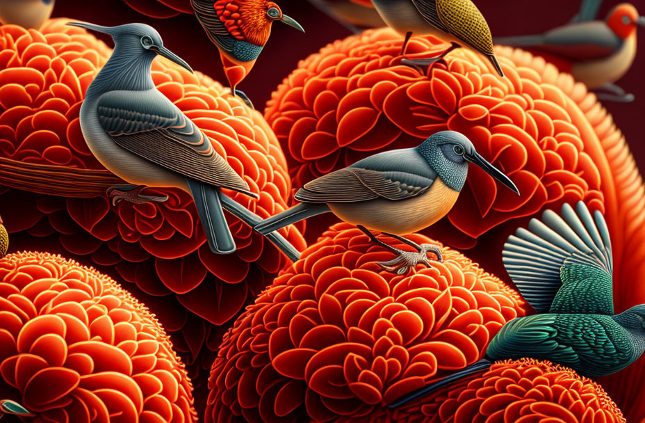 Colorful Bird Artwork Featuring Stylized Birds and Flower-like Orbs