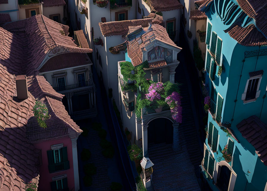 European alley with terracotta roofs and bougainvillea under clear sky