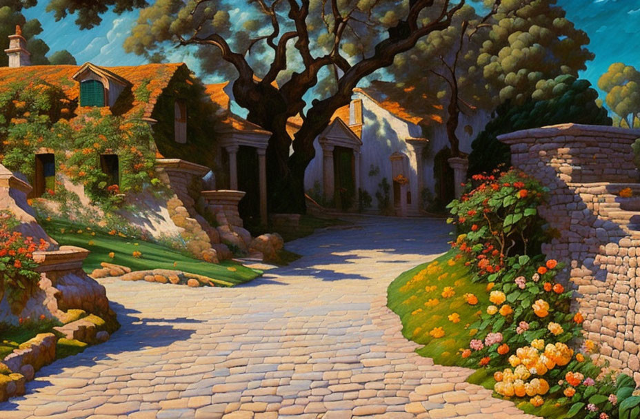 Tranquil village with cobblestone pathway and lush gardens