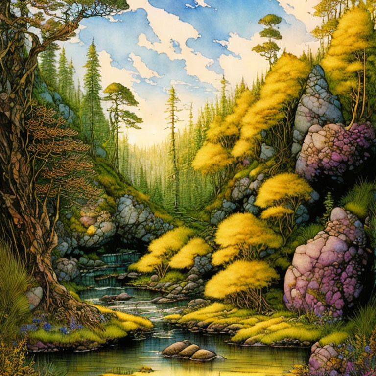 Tranquil forest scene with yellow trees, river, and clear sky