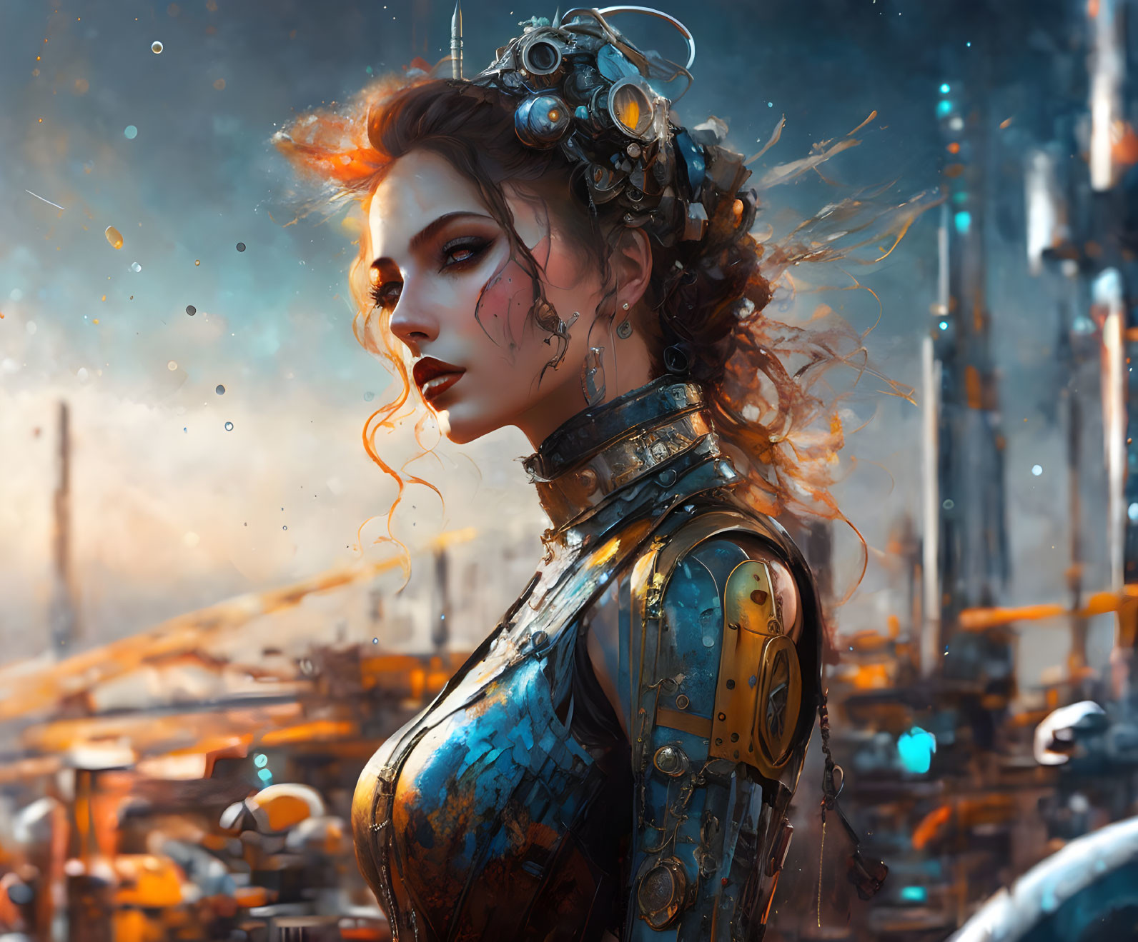 Female cyberpunk figure with mechanical augmentations in futuristic cityscape