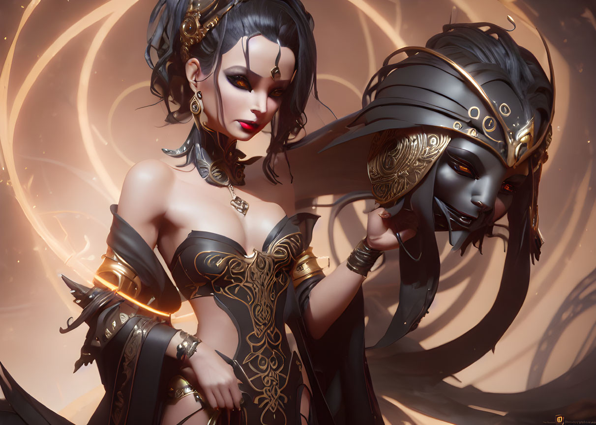 Fantasy artwork of woman with mask in black and gold armor