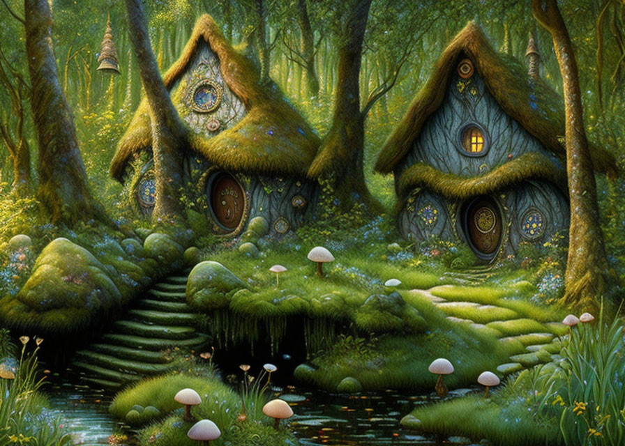 Enchanting moss-covered fantasy cottages in lush green forest