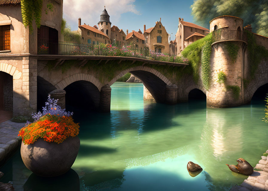 Picturesque Old Town: Stone Houses, Bridge, River, Flowers, Ducks