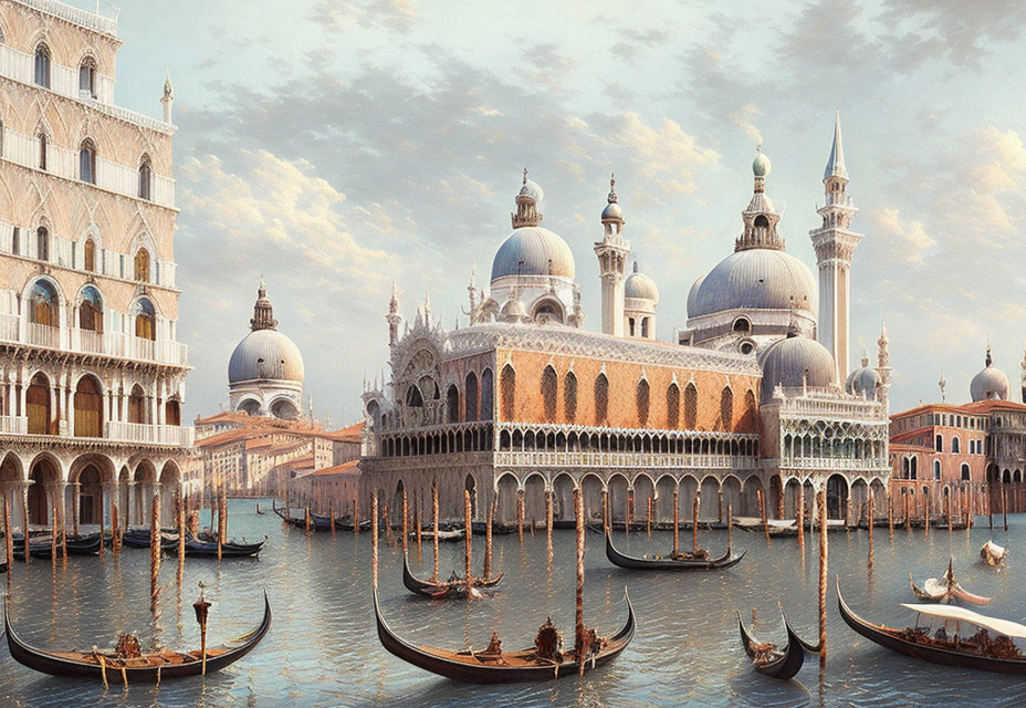 Canal scene with gondolas and ornate buildings in clear blue sky