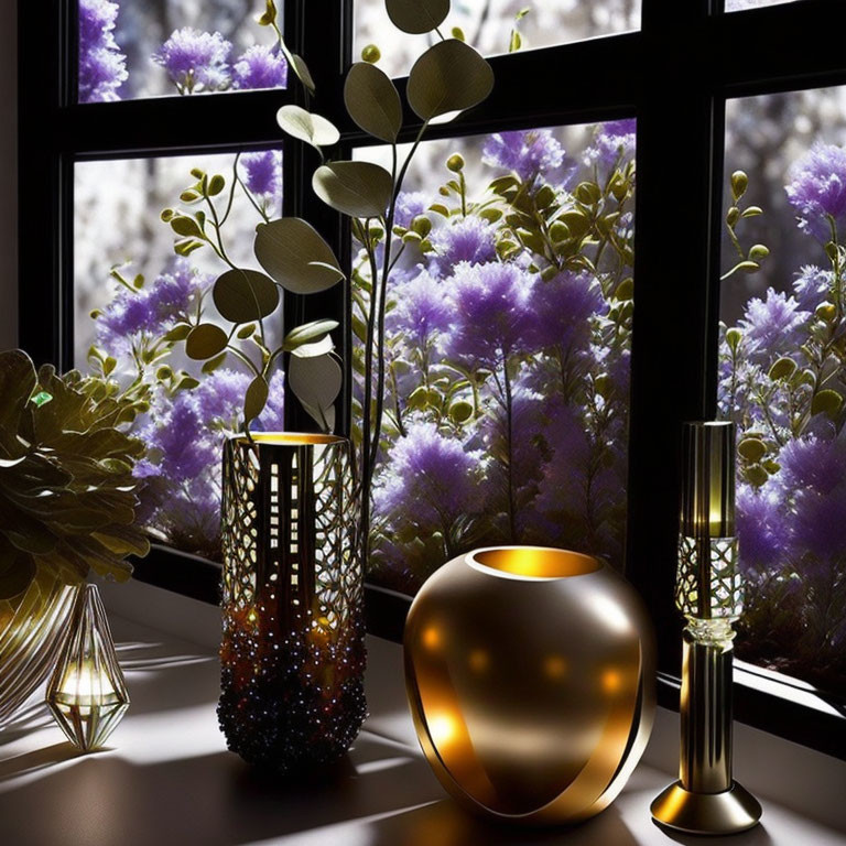 Decorative vases and candle holders on cozy windowsill with view of lush purple flowers.