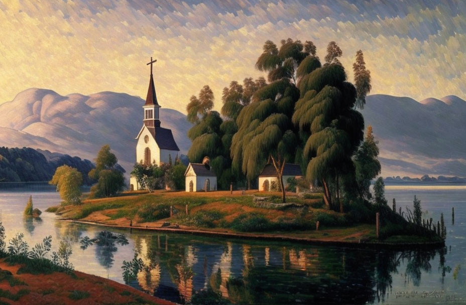 Tranquil landscape painting: church on island, lush trees, calm waters, rolling hills at sunset