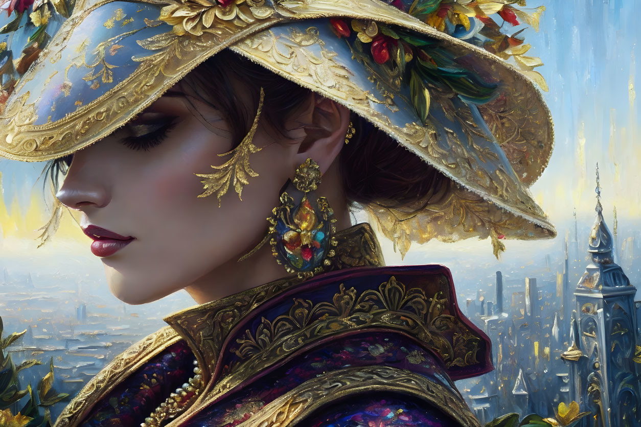 Woman with Baroque-Inspired Golden Hat and Jewelry in Fantastical Cityscape