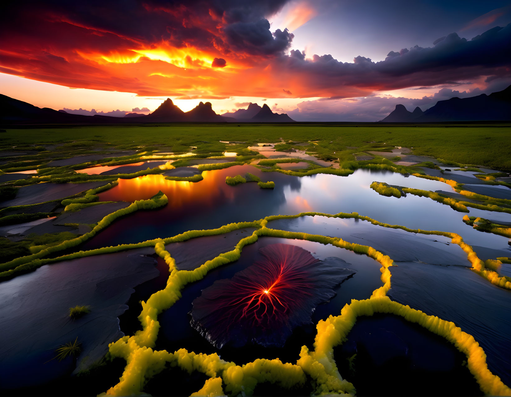 Fiery sunset reflected in water with volcanic eruption in green marshland