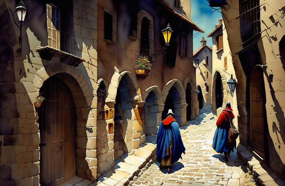 Historical European cobblestone street with illuminated buildings and figures in cloaks