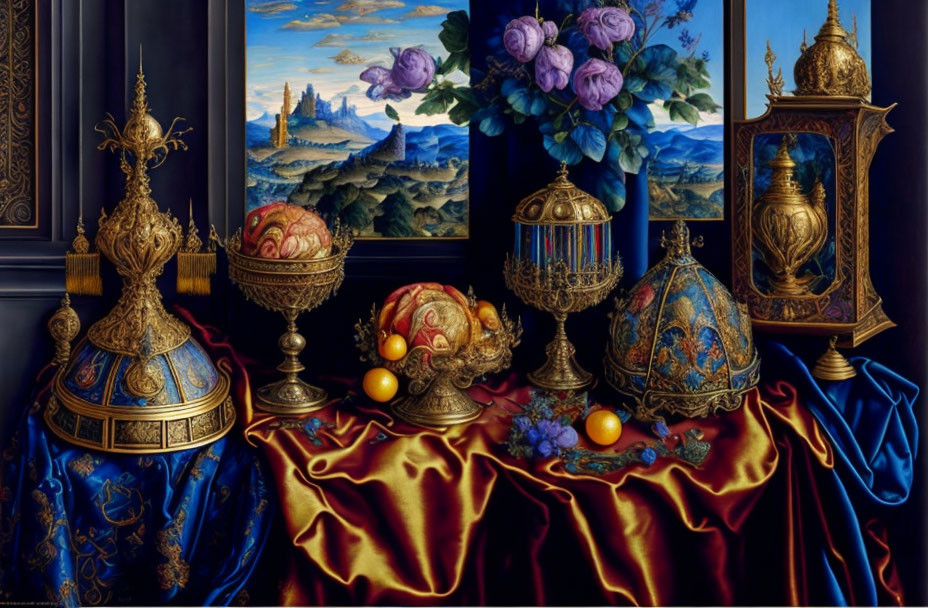 Luxurious still life with golden vessels, globe, caged bird, and lush fabrics against landscape.