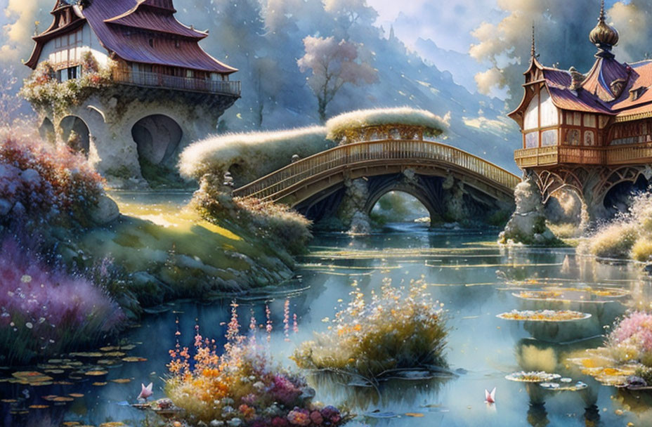 Tranquil fantasy landscape: ornate wooden houses, arched bridge, lush vegetation.