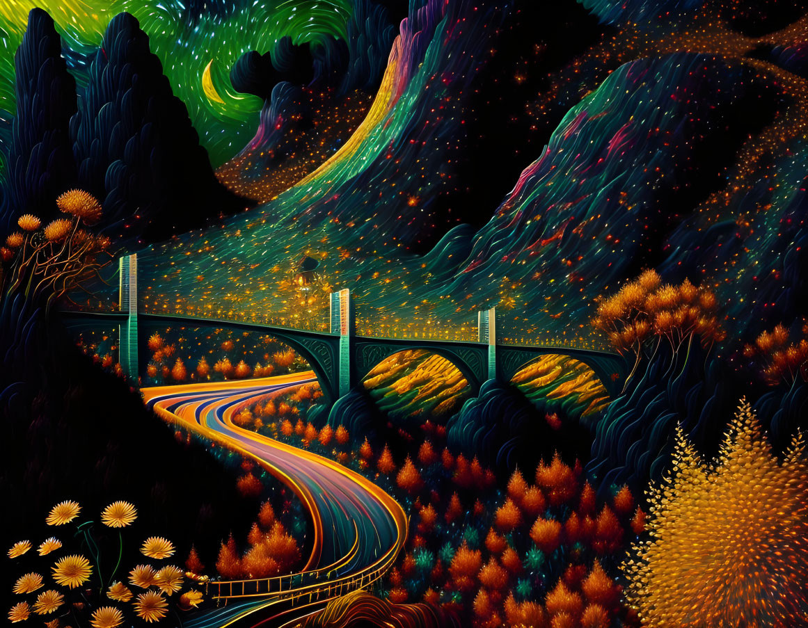 Colorful Nightscape: Winding Road on Bridge in Fantasy Forest