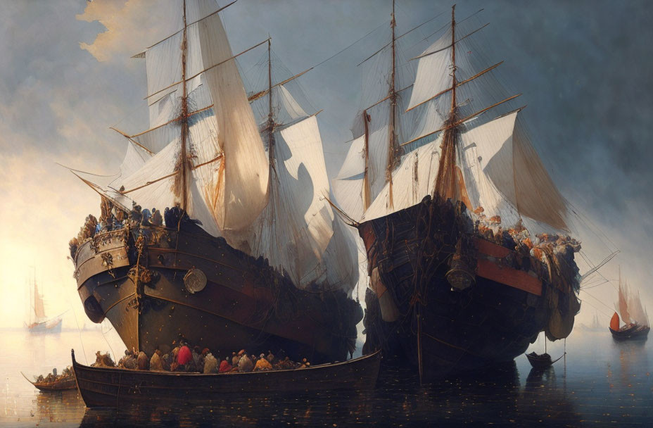 Large sailing ships surrounded by smaller boats on misty sea