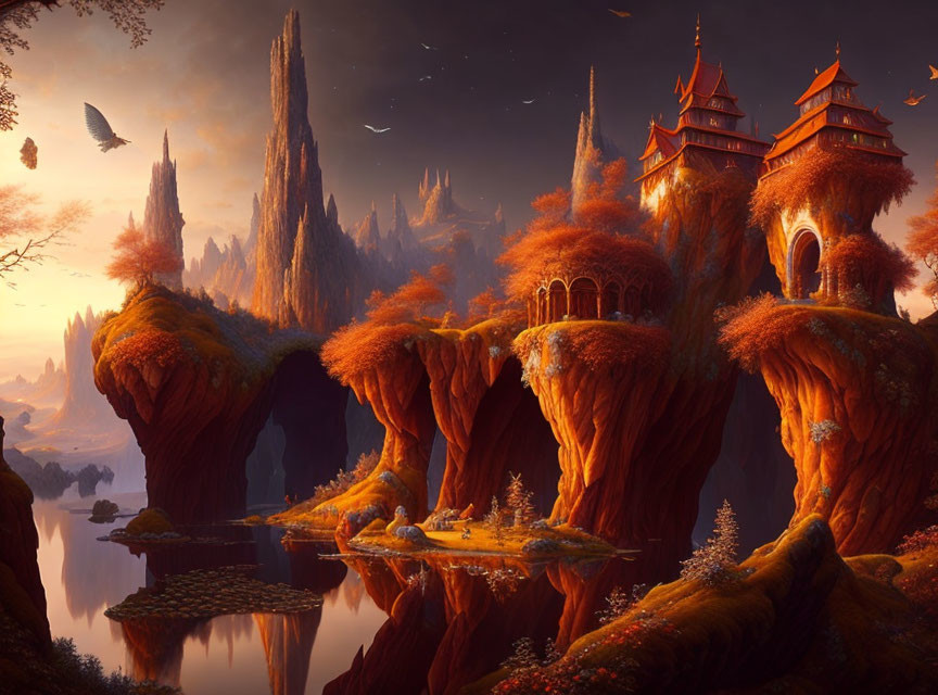 Fantasy sunset landscape with spires, castles, islands, and river