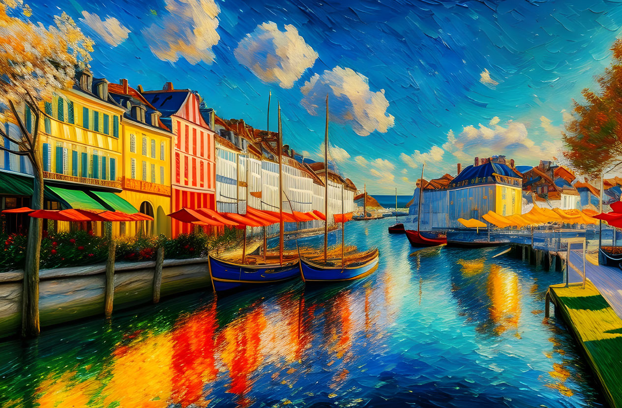 Colorful canal scene with boats and houses under blue sky