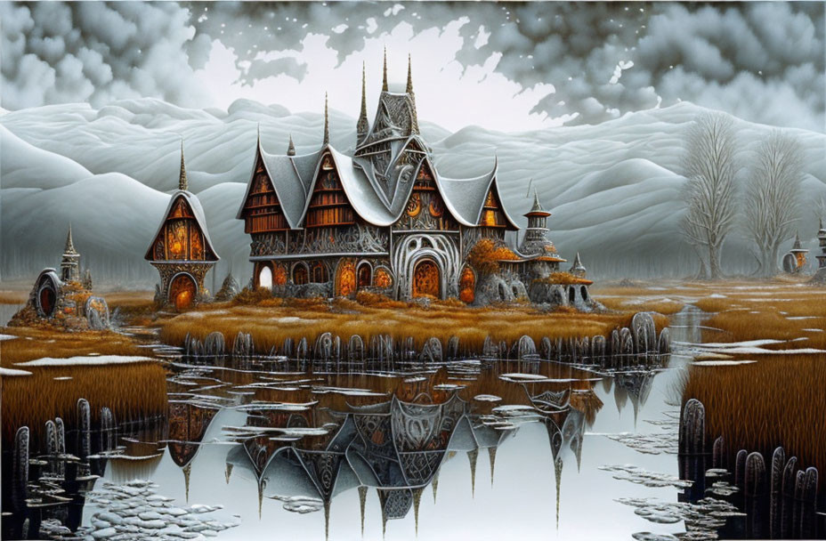 Fantasy castle with illuminated windows reflected in water among barren trees and misty sky