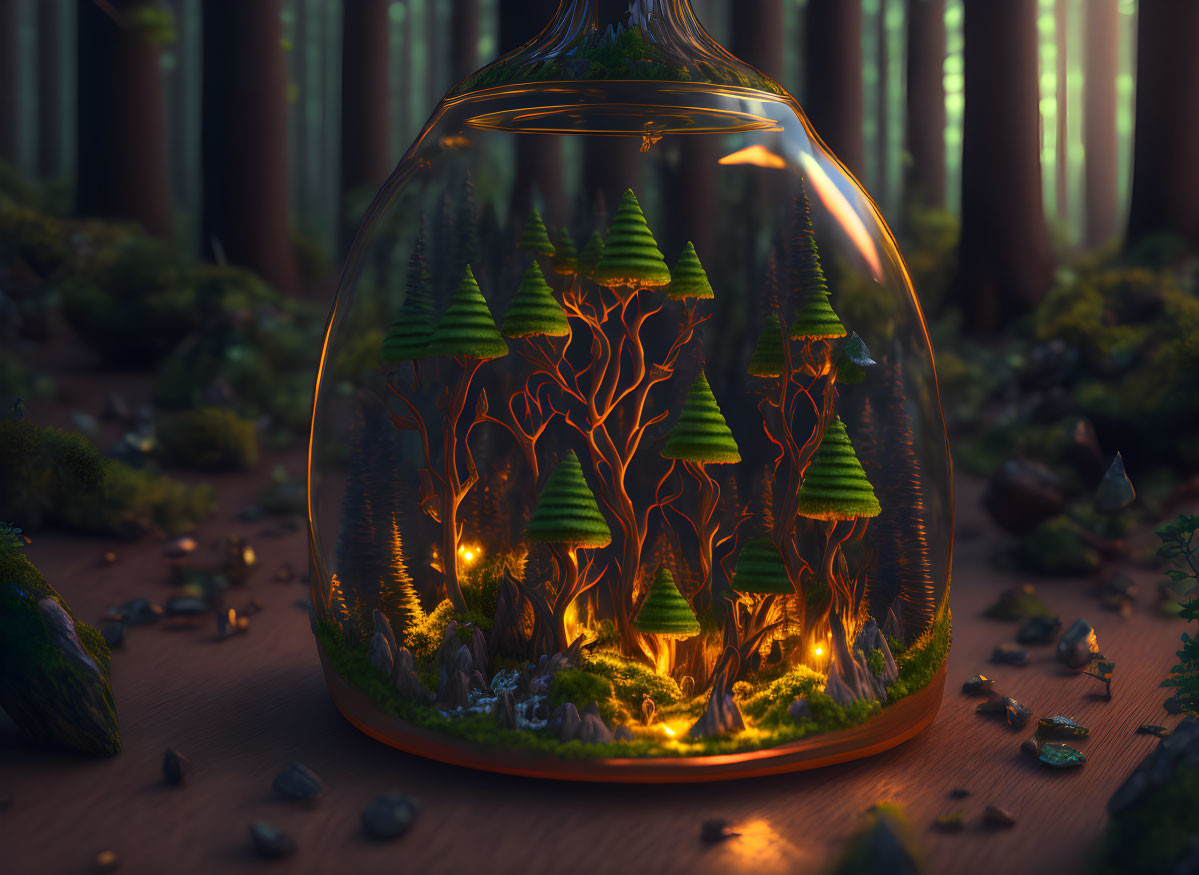 Miniature forest in glass terrarium with serene woodland scene