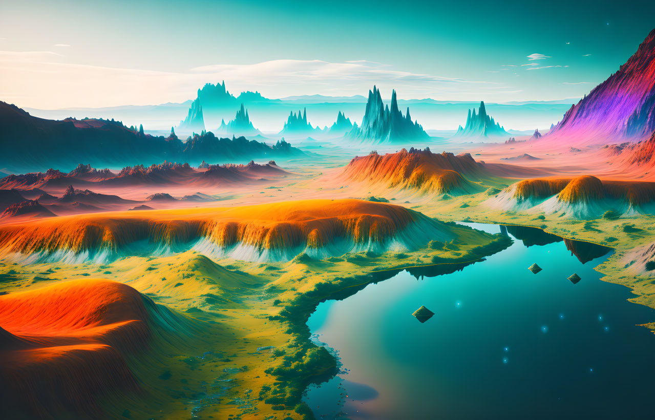 Colorful Alien Landscape with Reflective Water Body & Hazy Sky