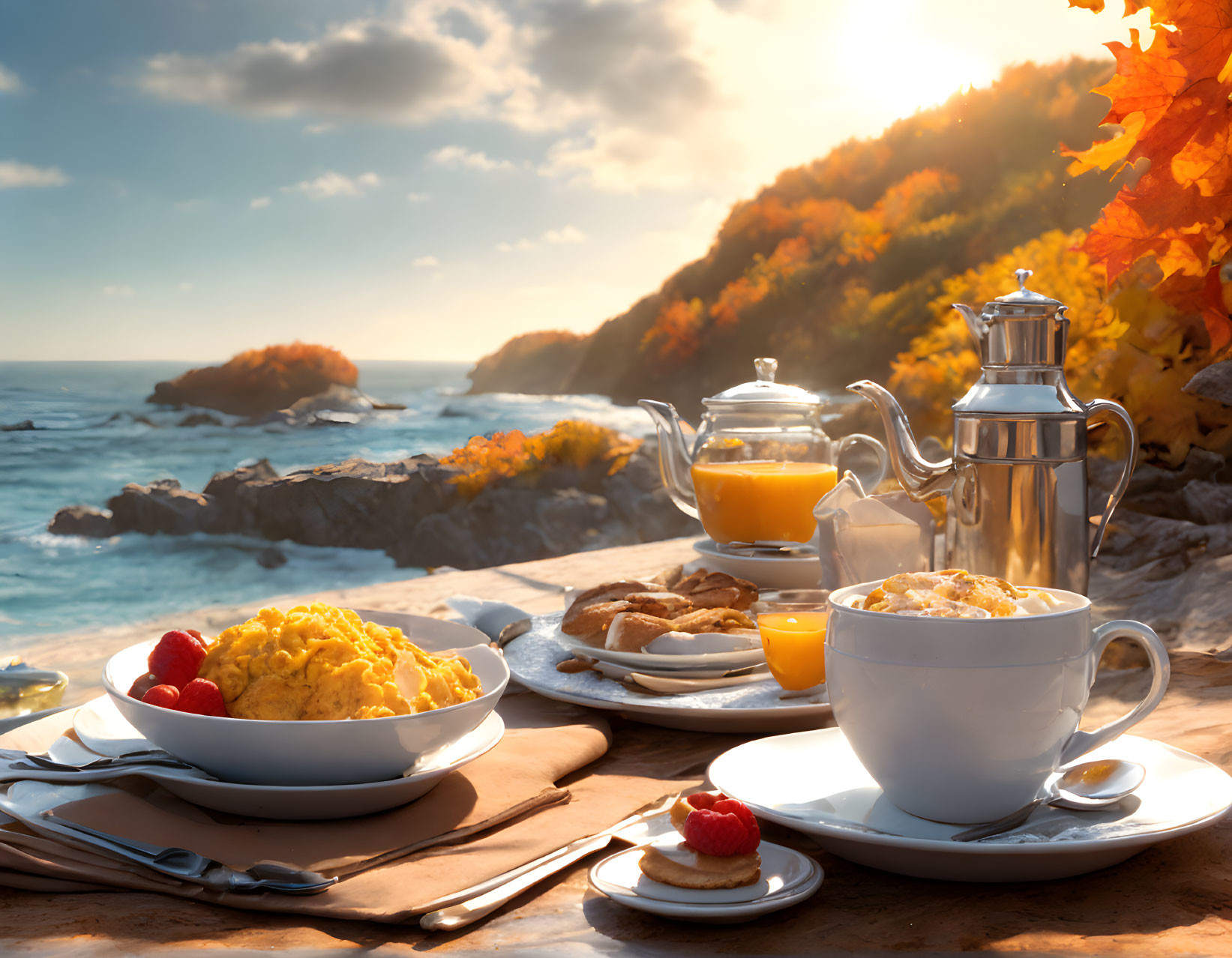 Scrambled eggs, pastries, and coffee on coastal table in autumn.